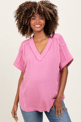 Pink Ribbed Raw Hem Maternity Short Sleeve Top