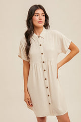 Beige Dolman Sleeve Linen Shirt Dress