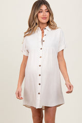Beige Dolman Sleeve Linen Maternity Shirt Dress