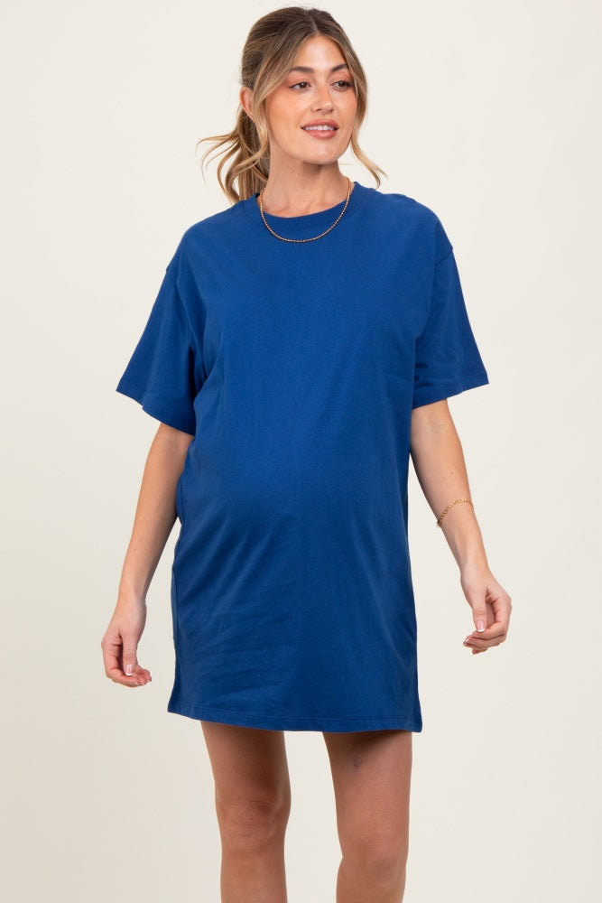 Light Navy Crewneck Short Sleeve Maternity T-Shirt Dress