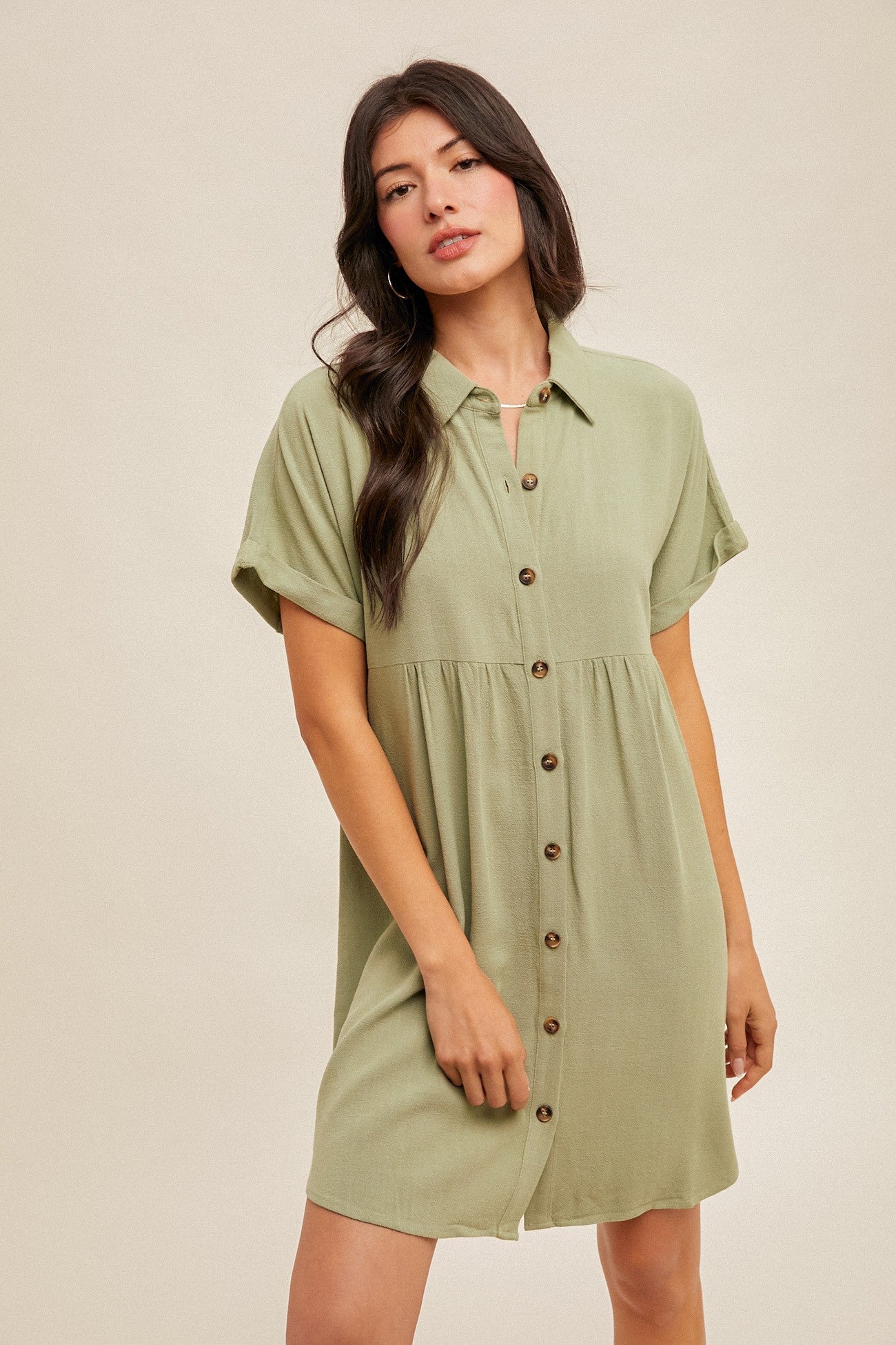 Sage Dolman Sleeve Linen Maternity Shirt Dress
