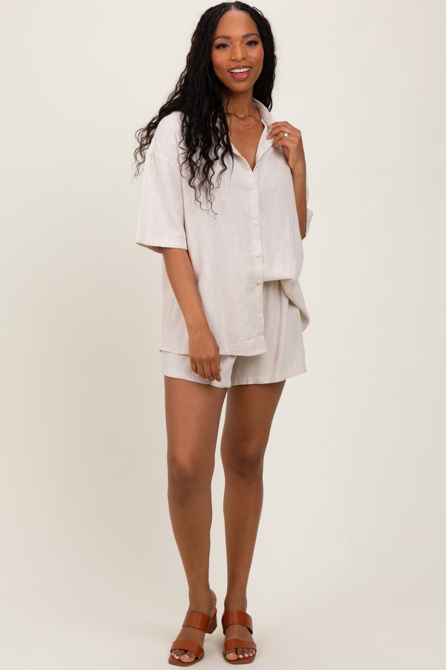 Beige Linen Blend Short Sleeve Shirt Shorts Maternity Set