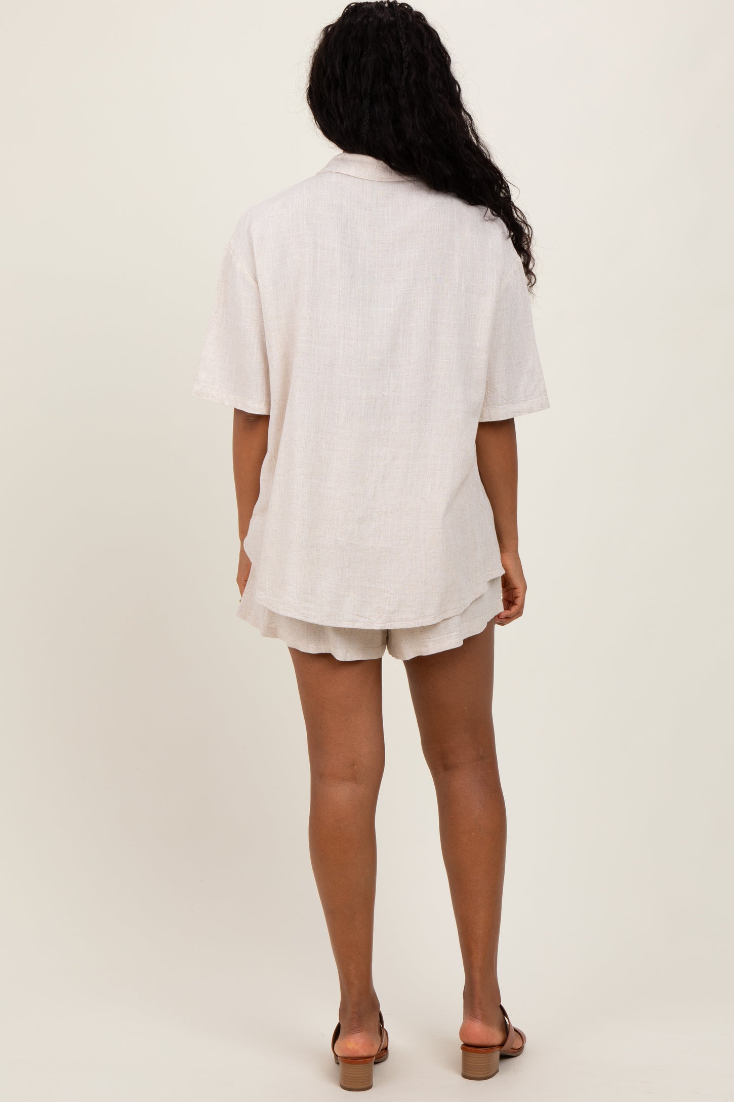 Beige Linen Blend Short Sleeve Shirt Shorts Set