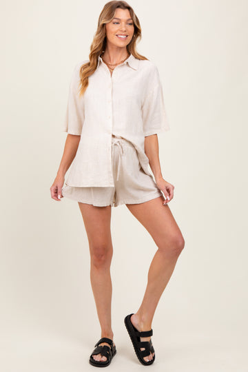 Beige Linen Blend Short Sleeve Shirt Shorts Maternity Set