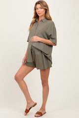 Olive Linen Blend Short Sleeve Shirt Shorts Maternity Set
