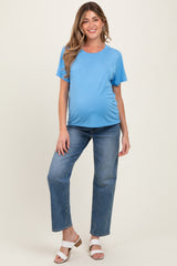 Blue Basic Round Neck Short Sleeve Maternity T-Shirt