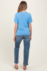 Blue Basic Round Neck Short Sleeve Maternity T-Shirt