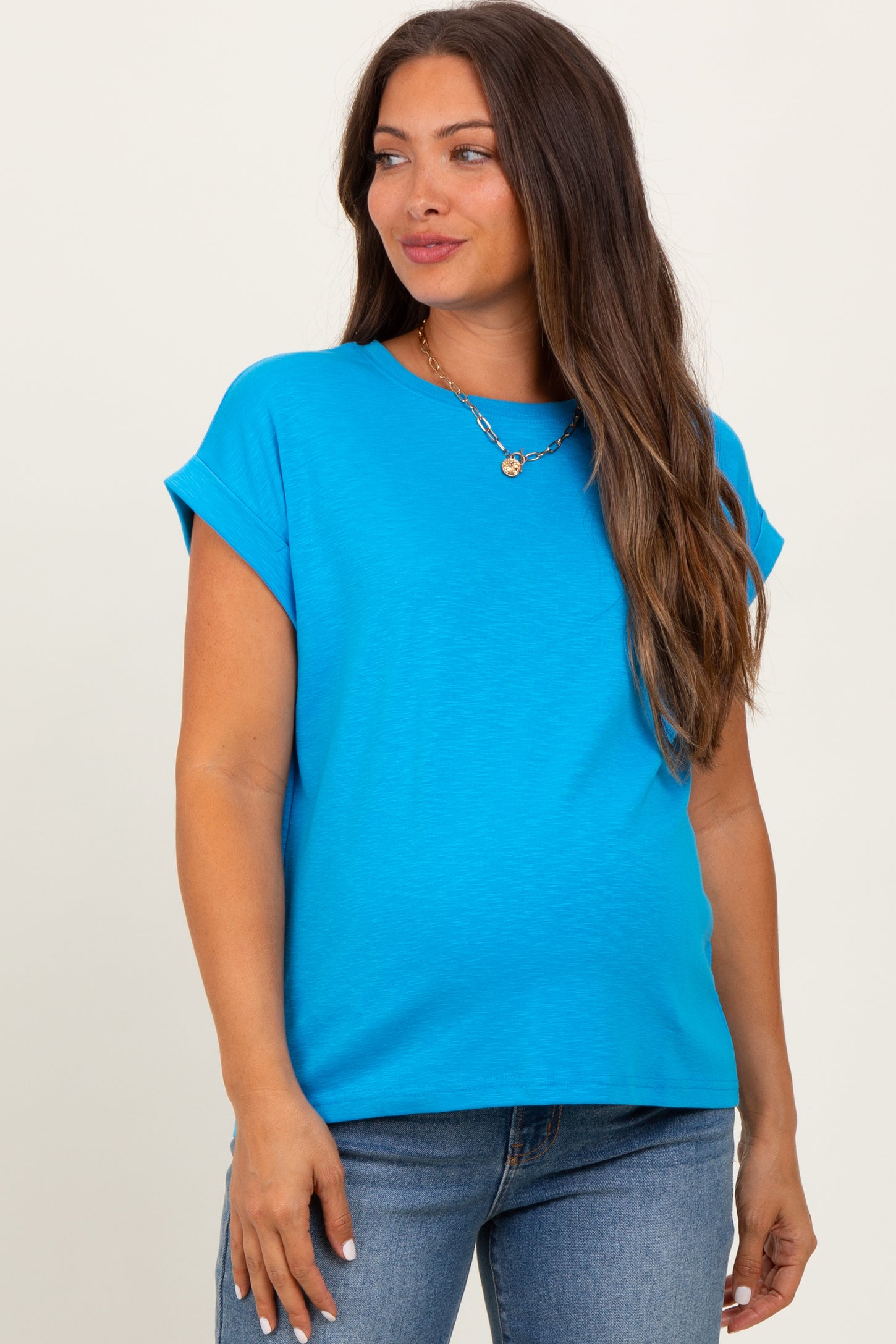 Aqua Rolled Short Sleeve Maternity Tee