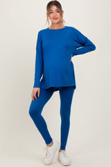 Blue Brushed Knit Maternity Oversized Top and Legging Set