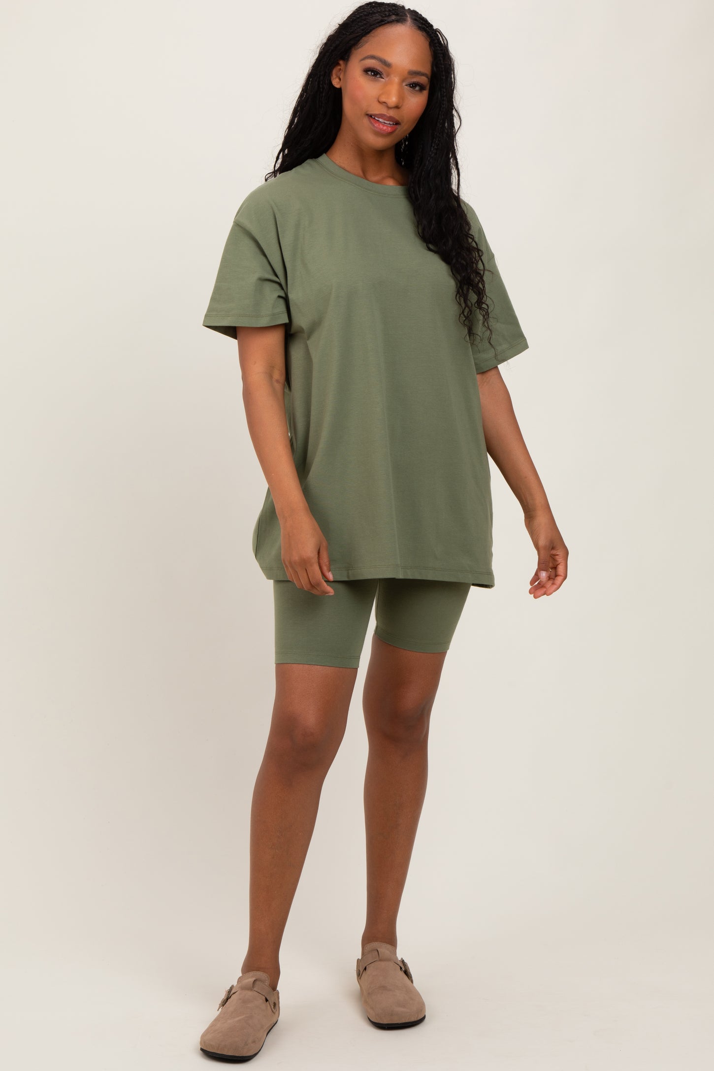 Light Olive Biker Shorts Maternity Set