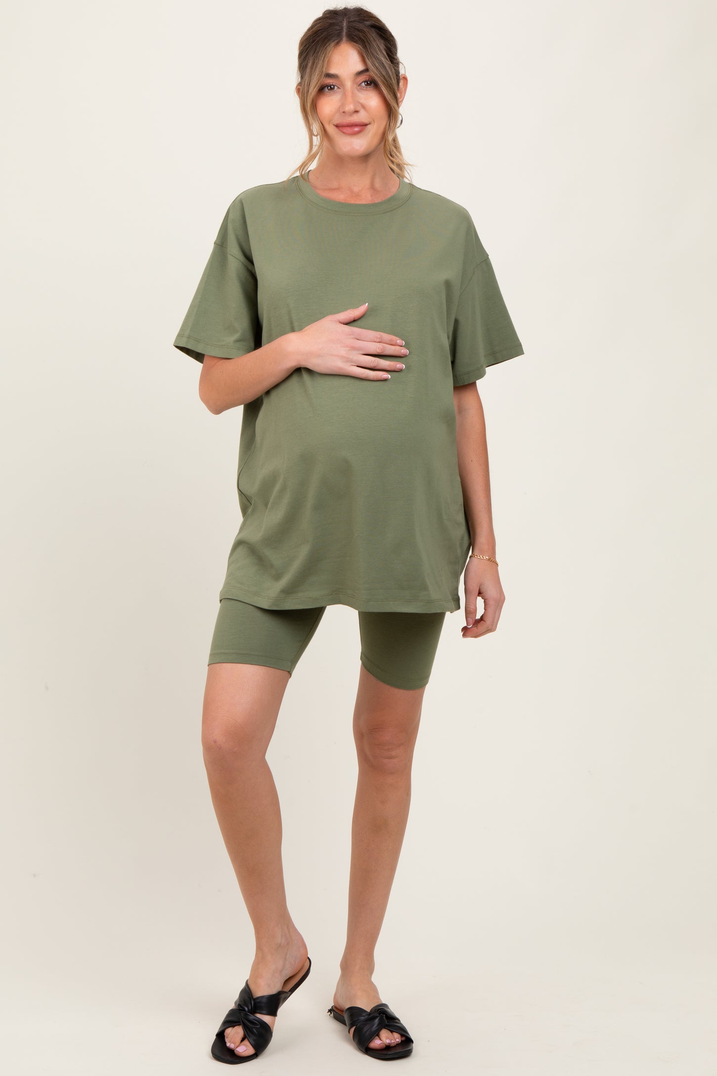 Light Olive Biker Shorts Maternity Set