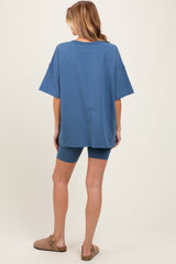 Blue Oversized V-Neck Biker Short Maternity Set