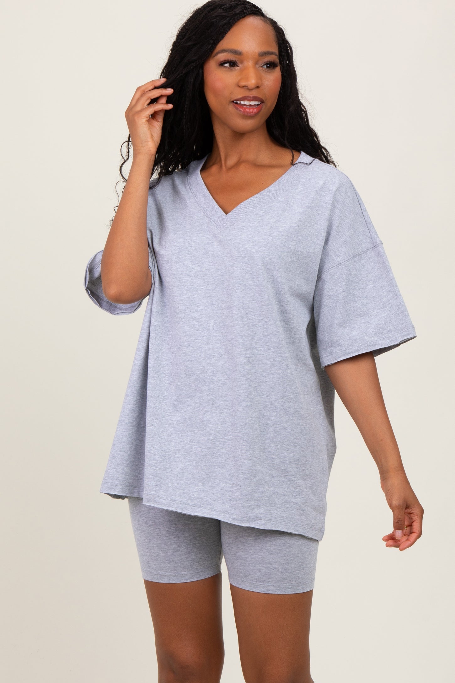 Heather Grey Oversized V-Neck Biker Short Set