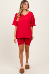 Red Oversized V-Neck Biker Short Set