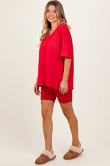 Red Oversized V-Neck Biker Short Set