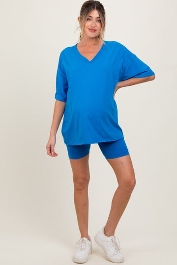 Aqua Oversized V-Neck Biker Short Maternity Set