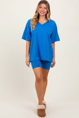 Aqua Oversized V-Neck Biker Short Set