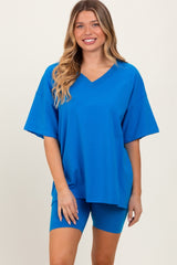 Aqua Oversized V-Neck Biker Short Set