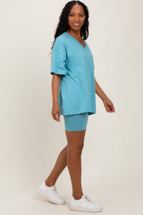 Light Blue Oversized V-Neck Biker Short Set