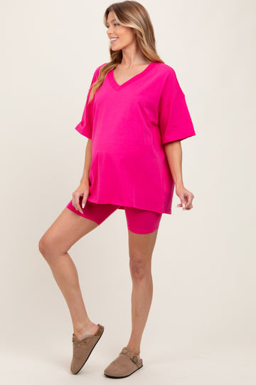 Fuchsia Oversized V-Neck Biker Short Maternity Set