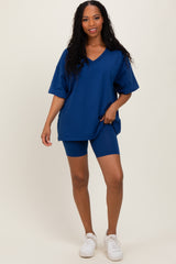 Light Navy Oversized V-Neck Biker Short Set