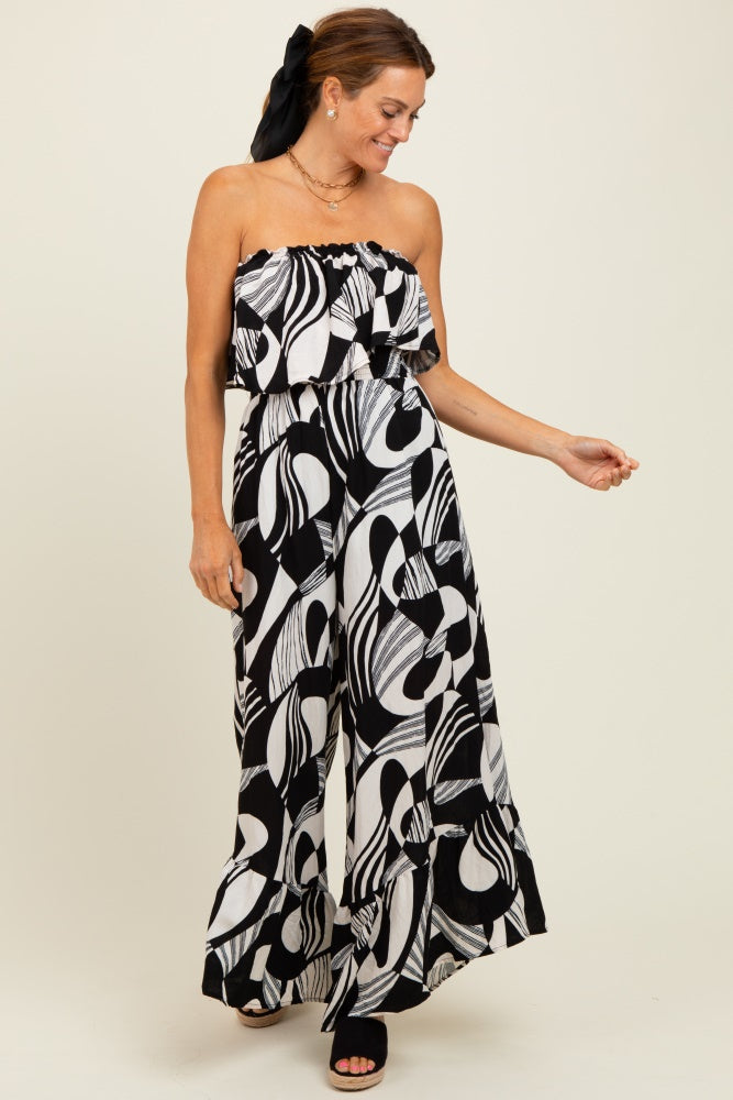 Black/Cream Printed Wide Leg Tube Jumpsuit