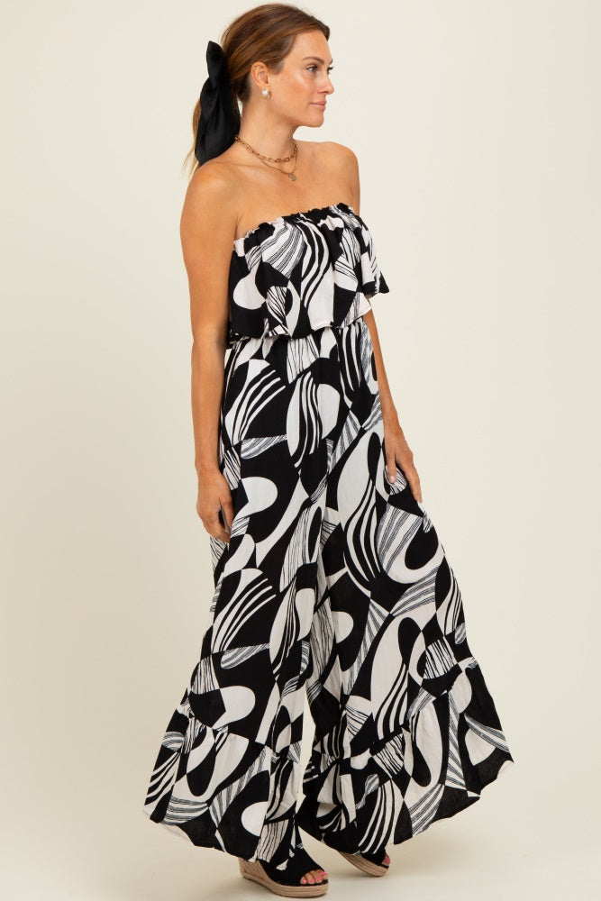 Black/Cream Printed Wide Leg Tube Jumpsuit