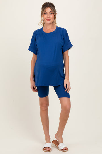 Navy Hi-Low Short Sleeve Tee Biker Short Maternity Set