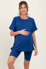 Navy Hi-Low Short Sleeve Tee Biker Short Maternity Set