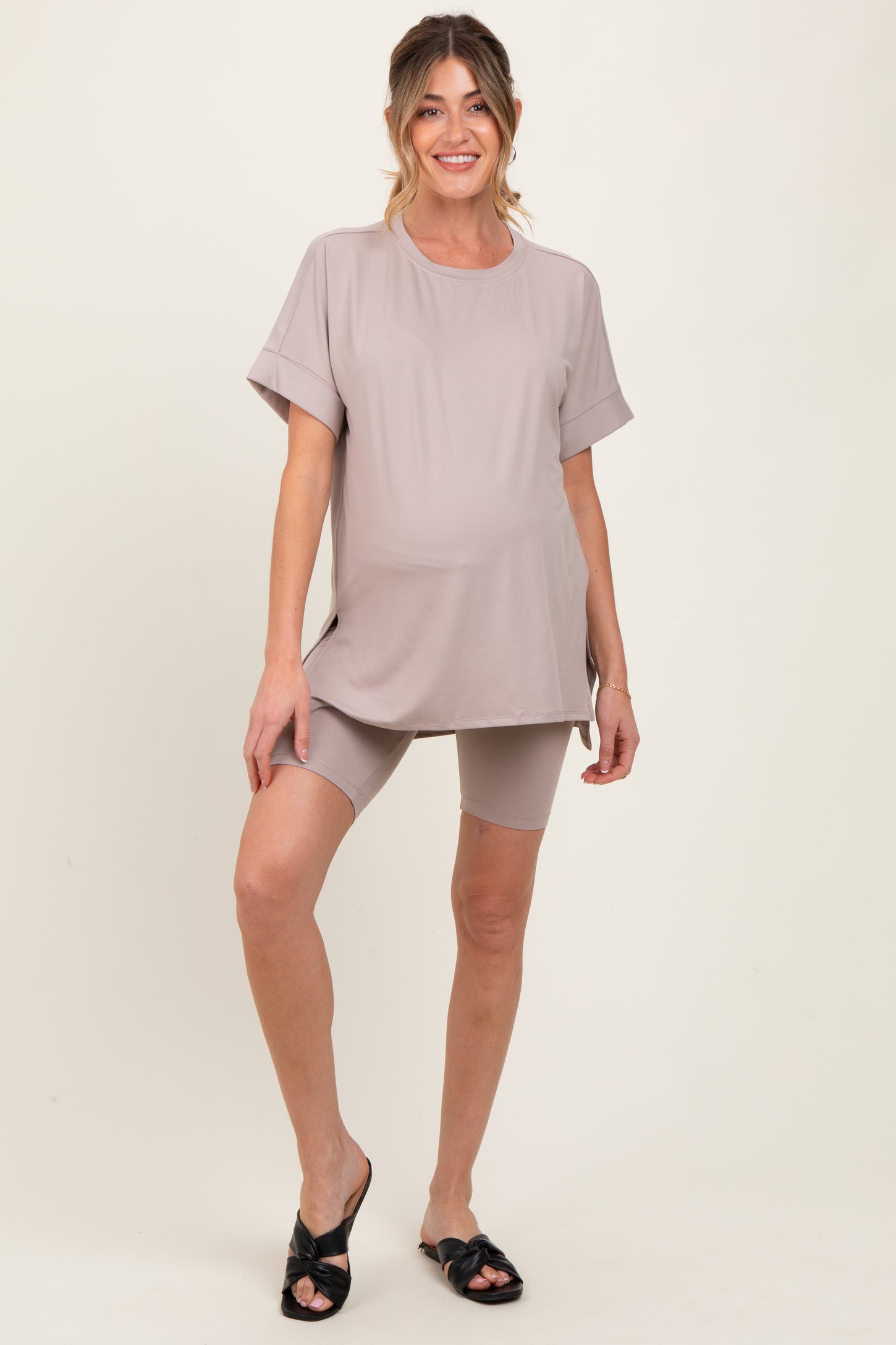 Beige Hi-Low Short Sleeve Tee Biker Short Maternity Set
