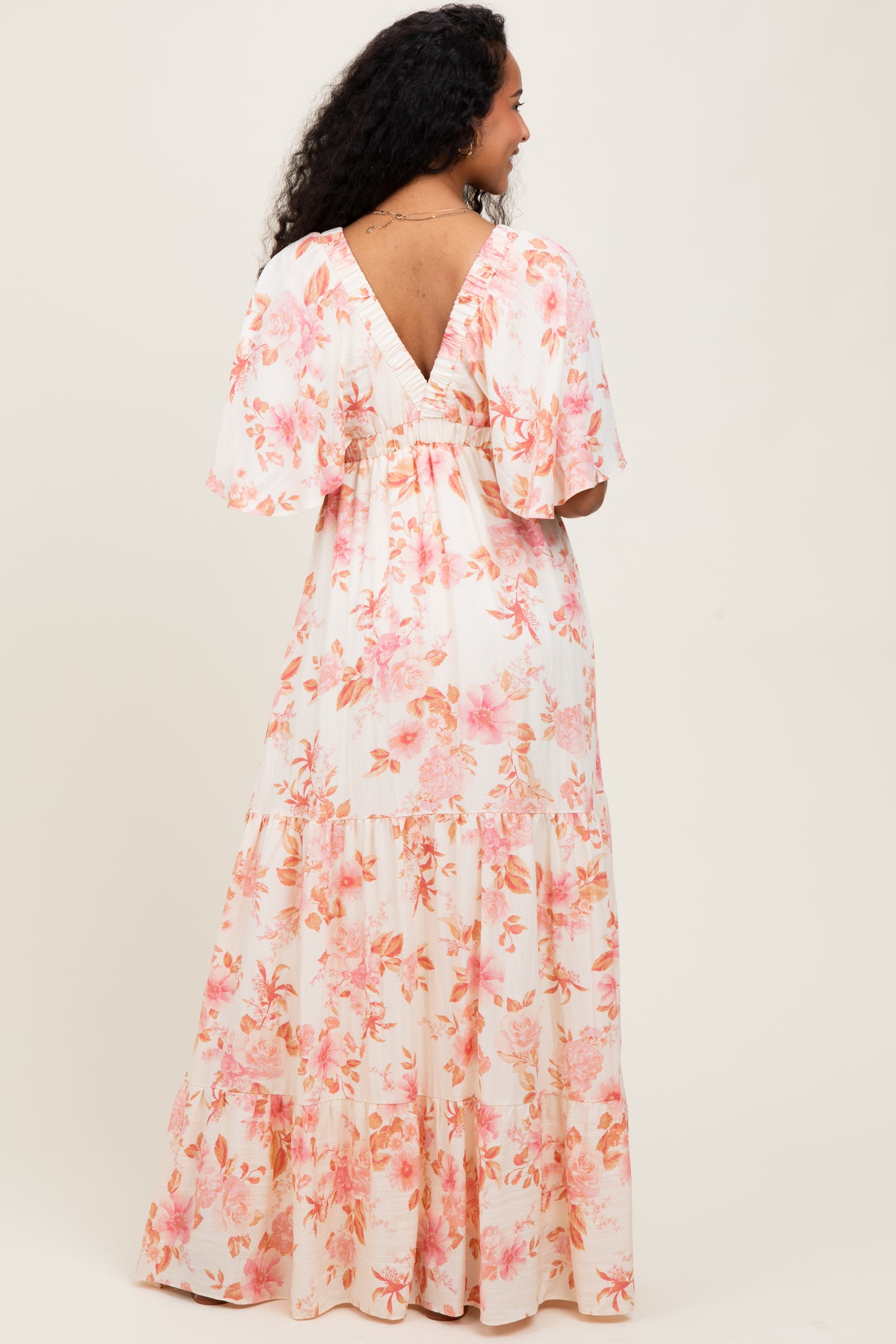 Pink Floral Satin Short Sleeve Deep V-Neck Tiered Maternity Maxi Dress