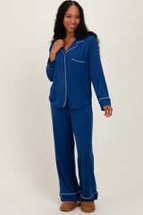 Navy Button Down Top Wide Leg Pant Maternity Pajama Set