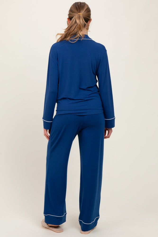 Navy Button Down Top Wide Leg Pant Maternity Pajama Set