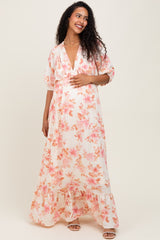 Pink Floral Printed Elbow Sleeve V-Neck Tiered Maternity Maxi Dress