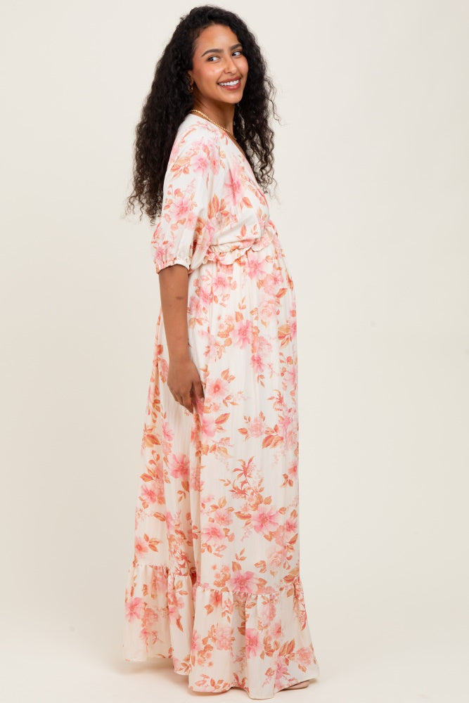 Pink Floral Printed Elbow Sleeve V-Neck Tiered Maternity Maxi Dress