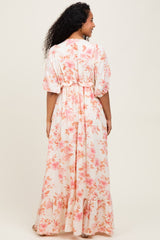 Pink Floral Printed Elbow Sleeve V-Neck Tiered Maternity Maxi Dress