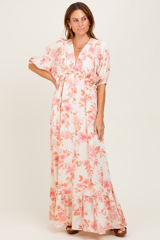 Pink Floral Printed Elbow Sleeve V-Neck Tiered Maxi Dress
