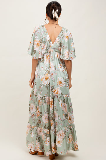 Sage Floral Print Elbow Sleeve V-Neck Tiered Maxi Dress