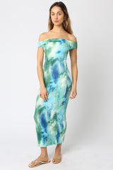 Blue Tie Dye Off Shoulder Maxi Dress