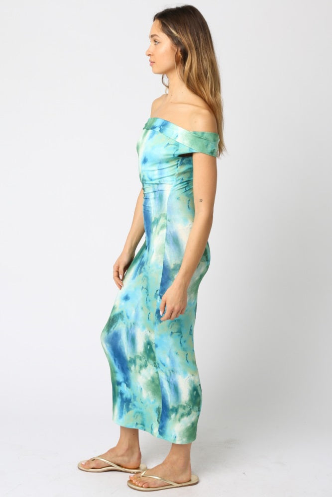 Blue Tie Dye Off Shoulder Maxi Dress