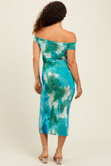 Blue Tie Dye Off Shoulder Maternity Maxi Dress