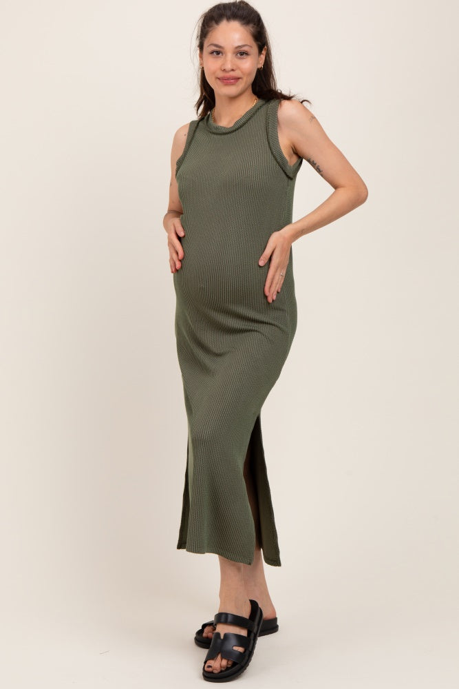 Olive Ribbed Sleeveless Side Slit Maternity Midi Dress