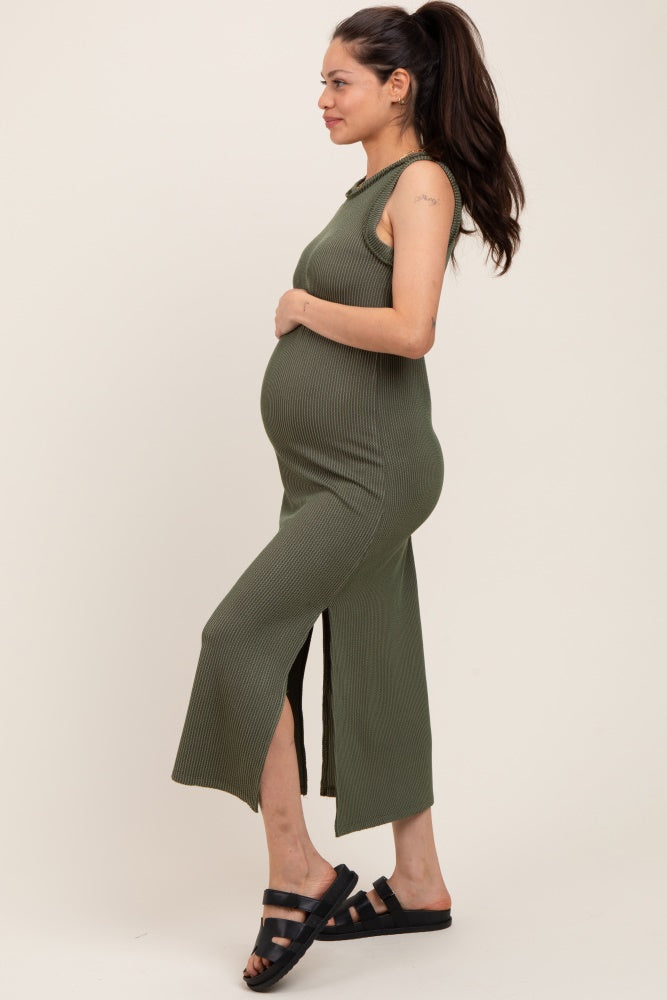 Olive Ribbed Sleeveless Side Slit Maternity Midi Dress