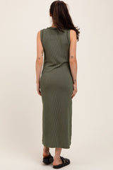 Olive Ribbed Sleeveless Side Slit Maternity Midi Dress
