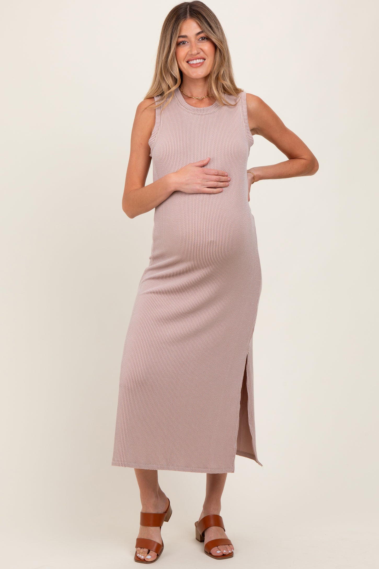 Light Taupe Ribbed Sleeveless Side Slit Maternity Midi Dress