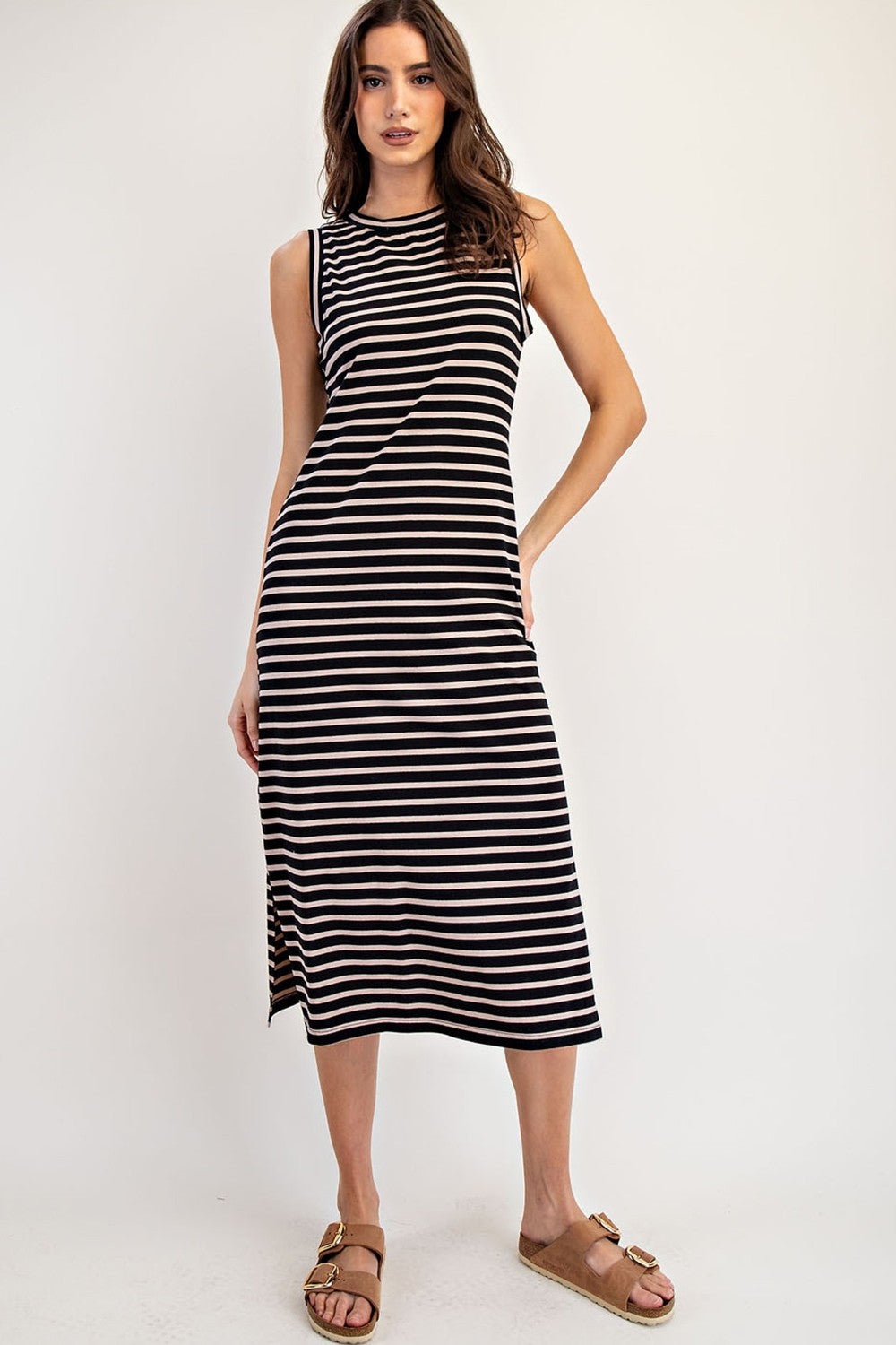 Black Striped Sleeveless Side Slit Maternity Midi Dress