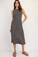 Black Striped Sleeveless Side Slit Midi Dress