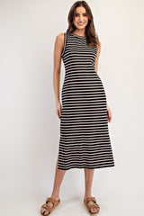 Black Striped Sleeveless Side Slit Midi Dress