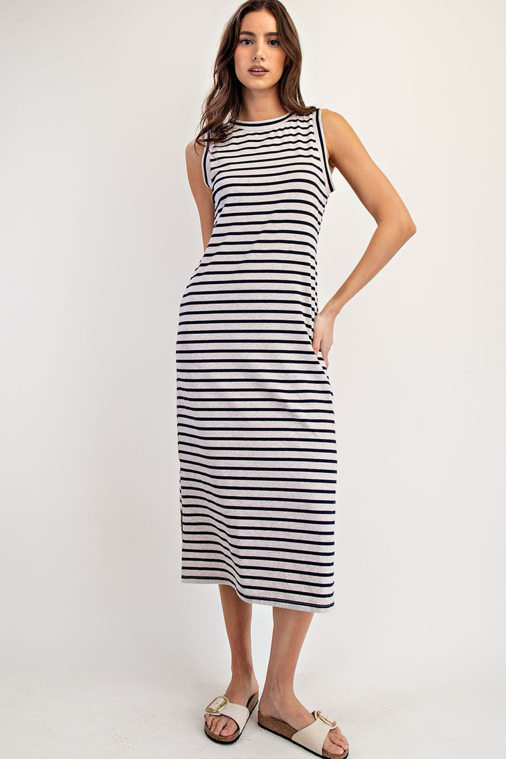 Beige Striped Sleeveless Side Slit Midi Dress