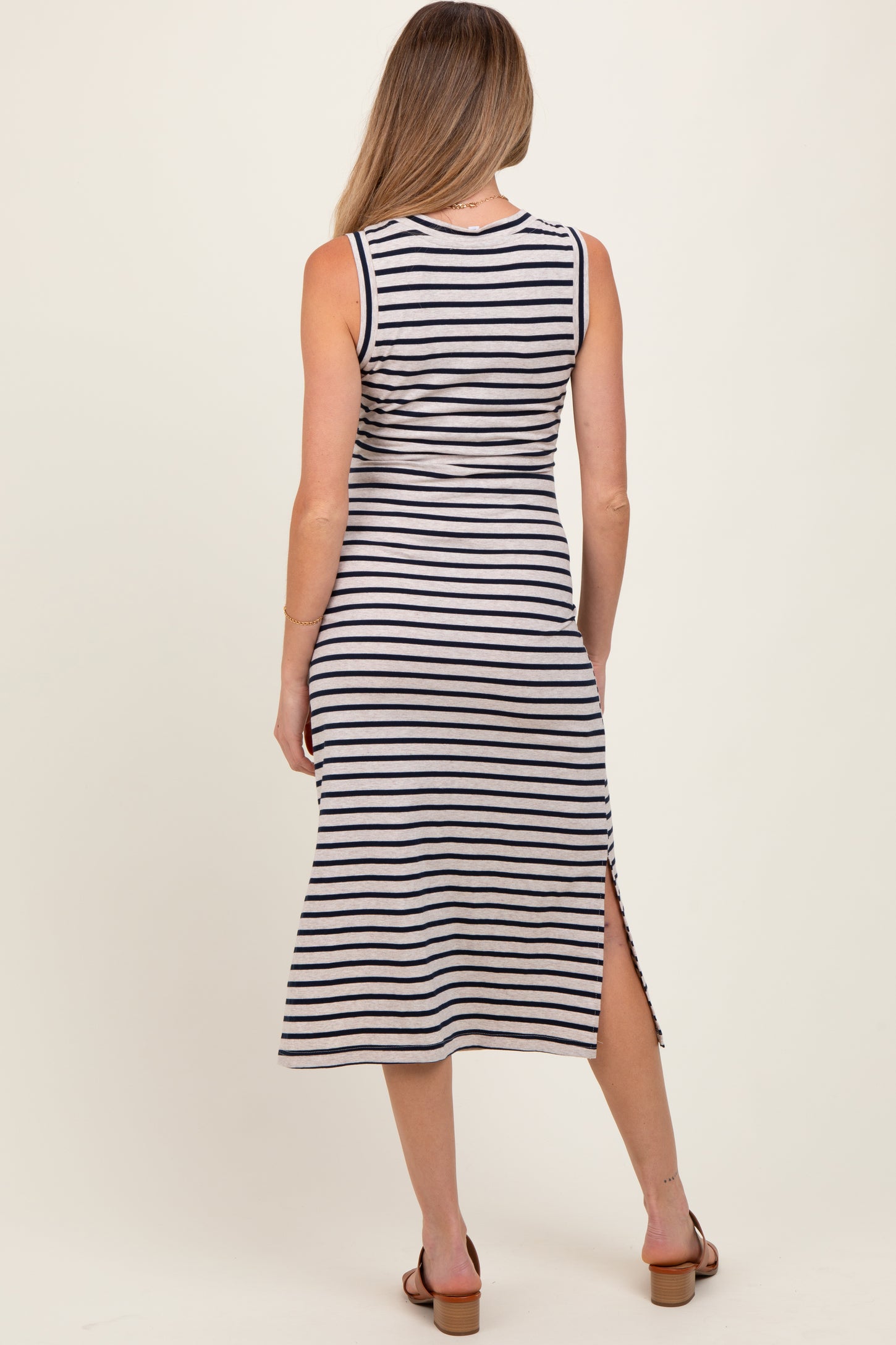 Beige Striped Sleeveless Side Slit Maternity Midi Dress
